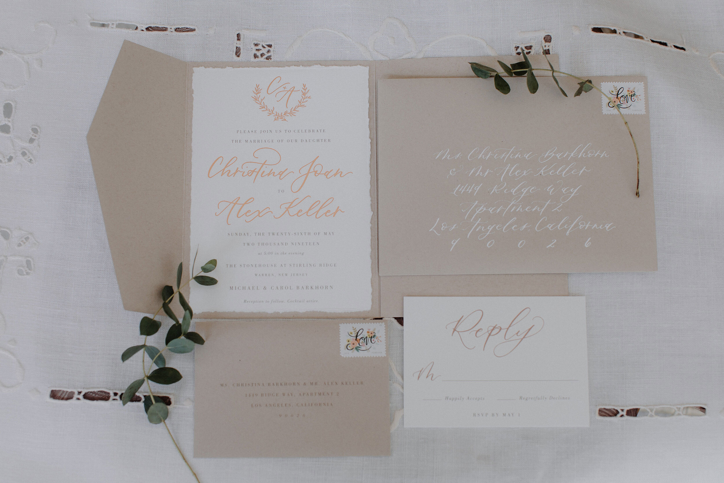 custom wedding stationery with rose gold foil