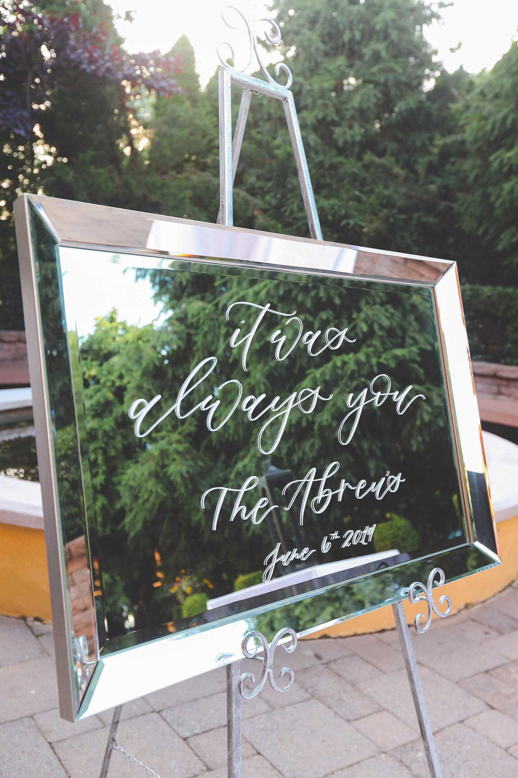 wedding welcome sign on mirror