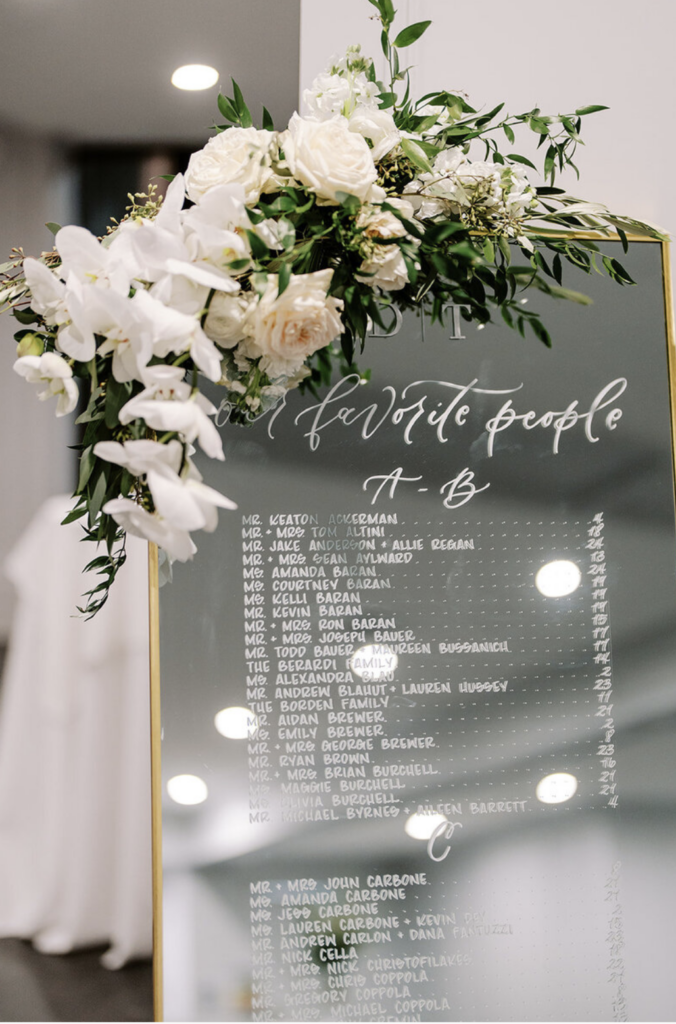 seating chart calligraphy on mirrors